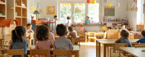 A focused girl child is engaged in reading a book among other kids in a colorful kindergarten room.