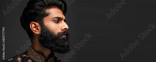 fashionably styled young man with a thick beard and intense look against grey backgdrop. photo