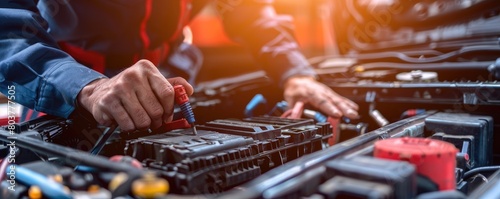 A mechanic wearing a blue uniform with gloves checks the battery of an electric vehicle, indicating automotive industry progression.