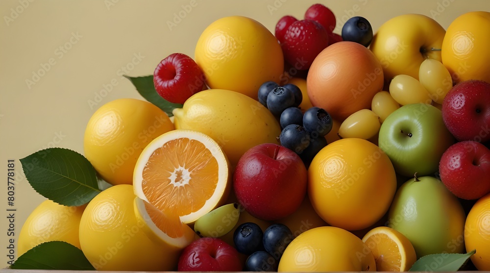 Assortment of fruits on yellow pastel.generative.ai Assortment of fruits on yellow pastel.generative.ai