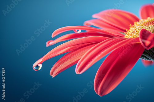 A vibrant red daisy petal with a single water droplet, set against the deep blue sky. © HillTract