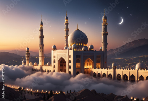 Eid mubarak and ramadan kareem greetings with islamic lantern and mosque. Generative AI