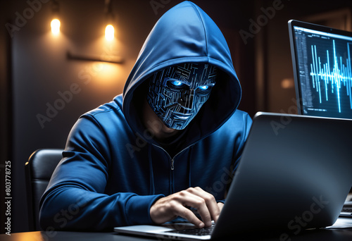 hacker in dark blue hoodie sits at a laptop. Generative AI