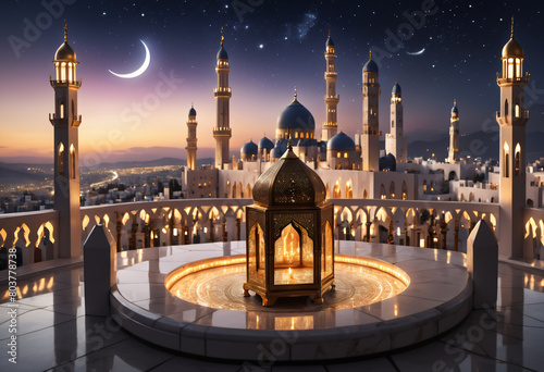 Eid mubarak and ramadan kareem greetings with islamic lantern and mosque. Generative AI