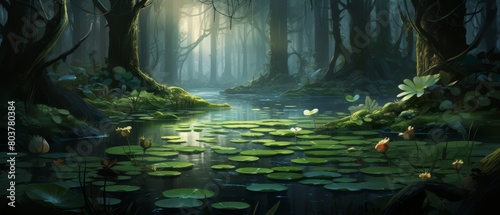 Quiet woodland pond with lily pads, frogs croaking, and a secluded feel, photo