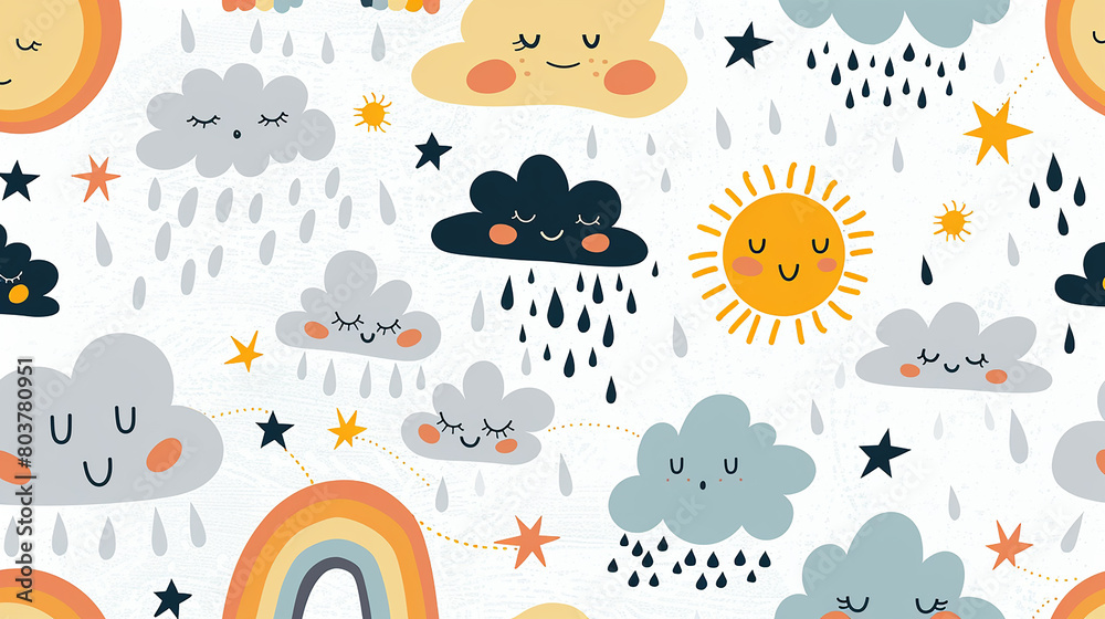 Fototapeta premium sky seamless pattern with clouds rain drops and rainbow on white background