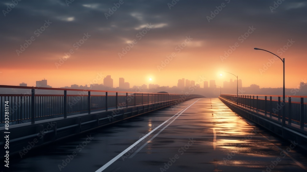 Wide, empty pedestrian bridge over a highway, early morning, no commuters,