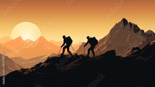 Mountain teamwork concept with two silhouetted hikers  one pulling the other up  amid a backdrop of fading daylight and distant hills 