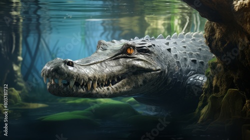 A crocodile lurking just below the water’s surface, only eyes and nostrils visible, as it waits for fish to swim by,