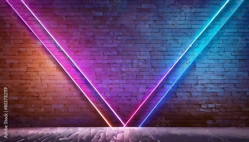 background Modern futuristic neon lights on old grunge brick wall room background