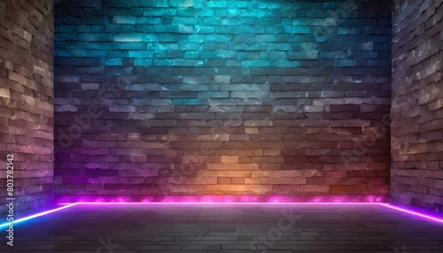 abstract technology background Modern futuristic neon lights on old grunge brick wall room background photo