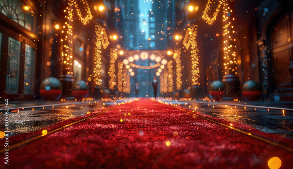  A red carpet made of sequins leading to the entrance, with a grand hall in the background. Created with Ai