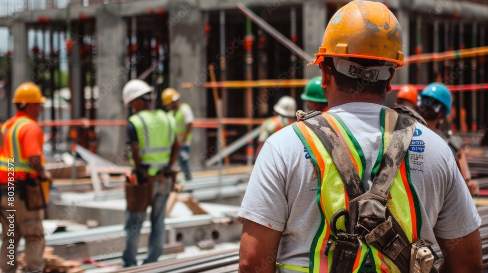 A group of construction workers on a site, with people of different races, religions, and genders working together. They are all wearing hard hats and safety gear. A group of construction workers on a site, with people of different races, religions, and genders working together. They are all wearing hard hats and safety gear.