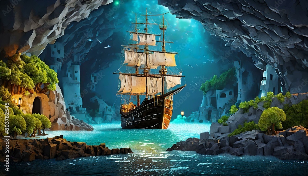 cave in the cave ship in the sea,an underground ocean, a pirate ship in the foreground, fantasy city on island in the distance as focal point, dark colors, realistic, nighttime, stone ceiling, glowing