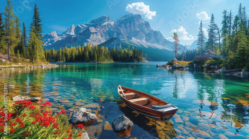 Beautiful lake with clear water  red boat and forest in the background of mountains. Created with Ai