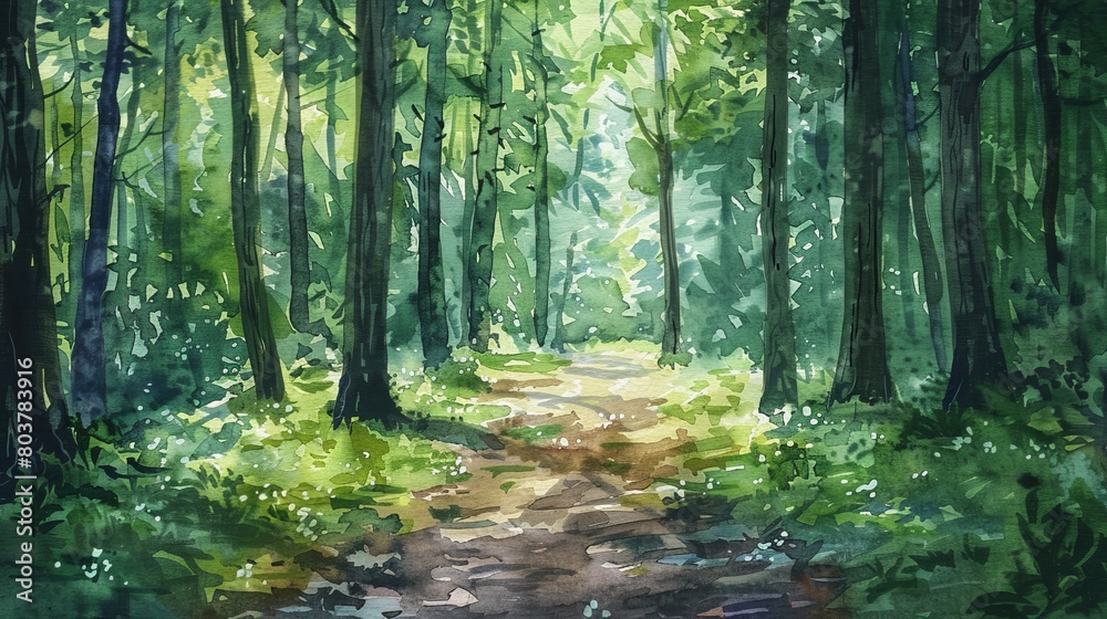 Obraz premium Artistic watercolor depicting a peaceful forest path under the rich green hues of tall trees, sunlight speckling the ground with light and shadows