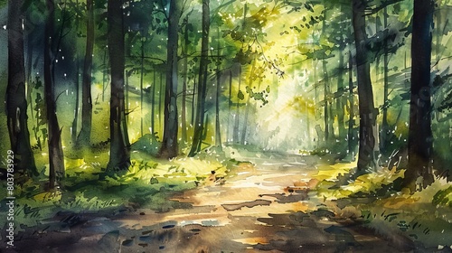 Artistic watercolor depicting a peaceful forest path under the rich green hues of tall trees, sunlight speckling the ground with light and shadows