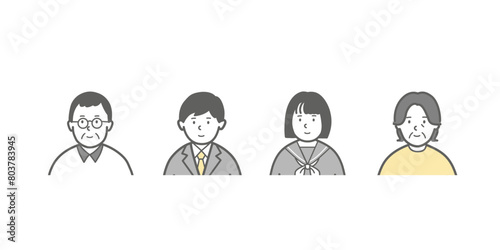 両親と学生の4人家族の上半身イラスト＿アイコン