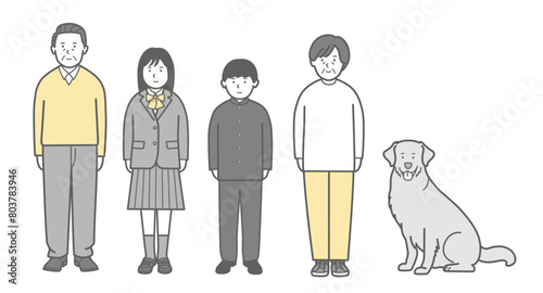 両親と学生の4人家族の全身イラスト2
