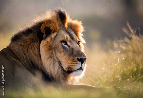 A majestic male lion lying in the grass  backlit by soft sunlight  looking intently to the side. World Lion Day.