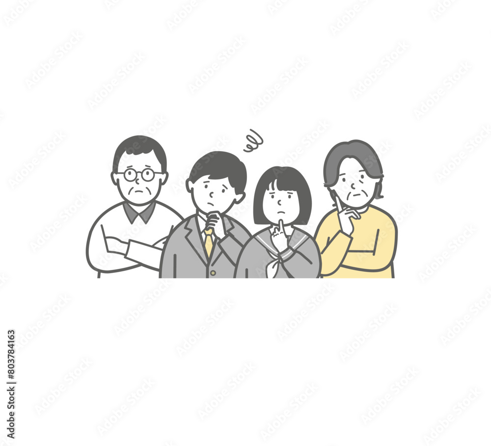 困った表情の両親と学生の4人家族の上半身イラスト