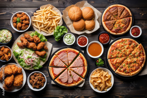 Buffet table scene of take out or delivery foods. Pizza  hamburgers  fried chicken and sides. Above view on a dark wood background.