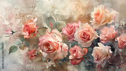 Artistic watercolor of a bouquet of garden roses in full bloom  each petal painted with delicate strokes to emphasize freshness and vitality