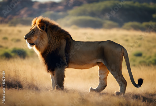 A majestic lion walking through a grassy savannah with a warm, golden light illuminating its mane and body, creating a serene and powerful scene. World Lion Day.