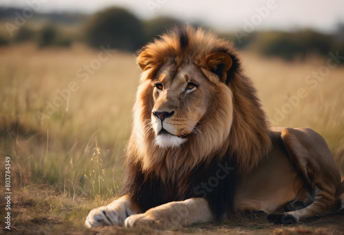 A majestic lion lying in a grassy field with a soft focus background  showcasing its impressive mane and calm demeanor. World Lion Day.