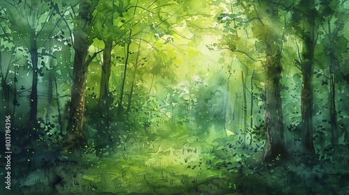 Artistic watercolor of a forest clearing  vibrant green foliage and light filtering through leaves  perfect for a healing environment