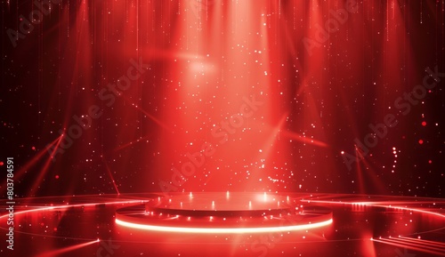 Red background, light effects at the bottom of the screen, with a circular stage and lights in the center