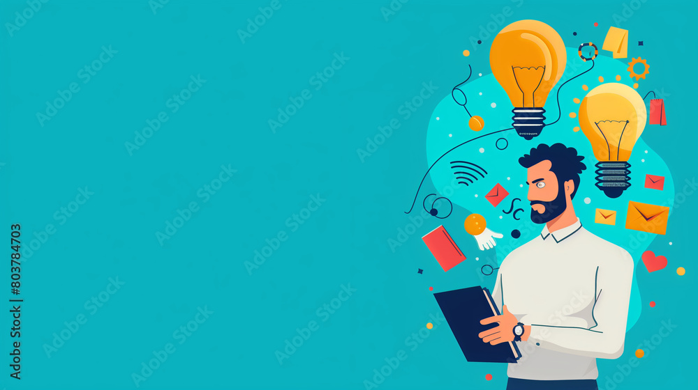 A professional man is positioned on the right side of the image, focusing on developing marketing campaigns with innovation. He exudes confidence and expertise as he works on his creative projects. A professional man is positioned on the right side of the image, focusing on developing marketing campaigns with innovation. He exudes confidence and expertise as he works on his creative projects.