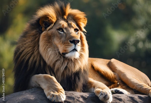 A majestic lion with a full mane lounges on a rock  bathed in warm sunlight against a blurred forest background. World Lion Day.
