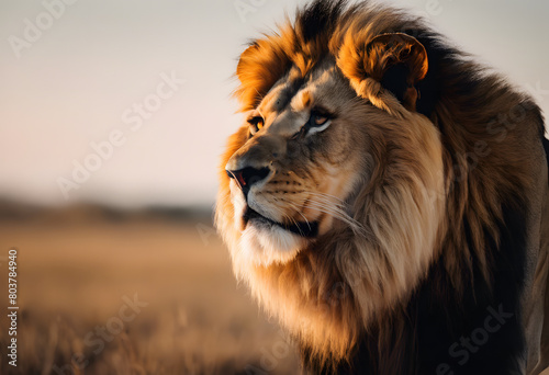 Close-up of a majestic lion with a lush mane  gazing into the distance during golden hour in the savannah. World Lion Day.