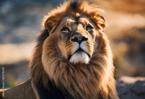 Close-up of a majestic lion with a thick mane in natural light  looking directly at the camera. World Lion Day.