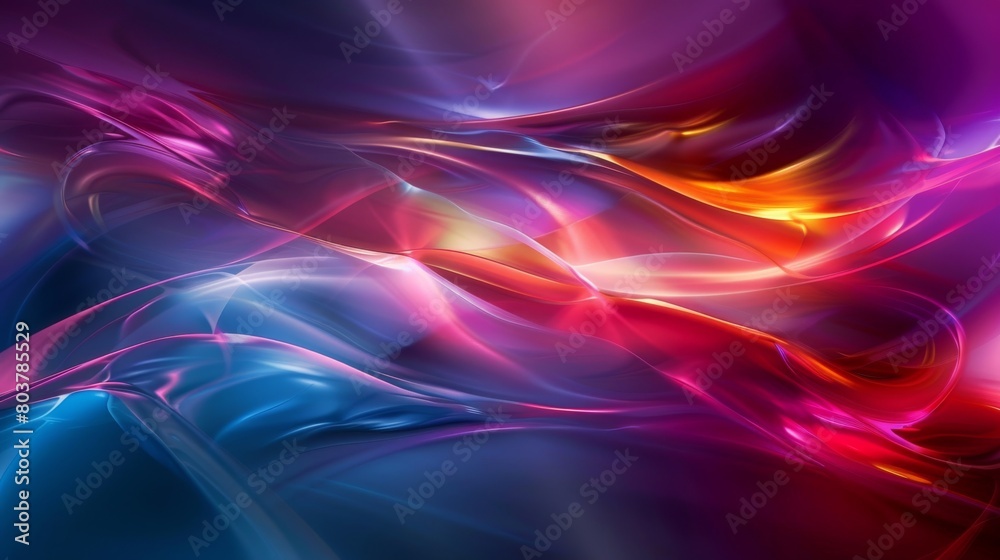 Abstract backround features vibrant and colorful waves of light intertwining with each other, creating a dynamic and fluid visual effect. The blend of blues, purples, pinks, reds, and orange