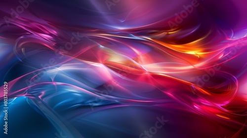 Abstract backround features vibrant and colorful waves of light intertwining with each other, creating a dynamic and fluid visual effect. The blend of blues, purples, pinks, reds, and orange