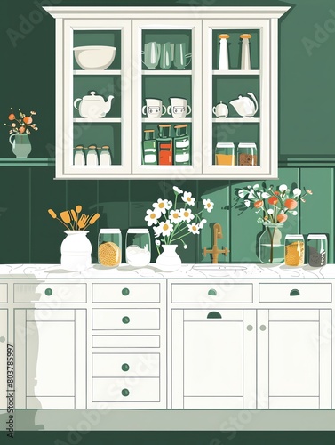 Big white kitchen with green furniture, convinient and well decorated house enviroment, cupboard with glass doors, marble countertop and jars filled with flowers, lots of drawers photo