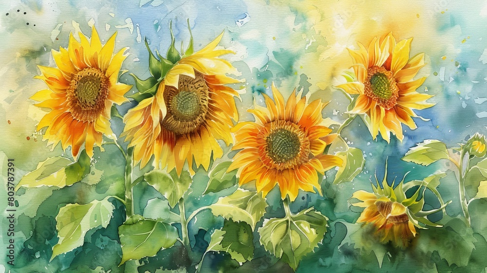 Fototapeta premium Bright watercolor of sunflowers turning towards the sun, their bold yellows and lively greens evoking feelings of optimism and energy