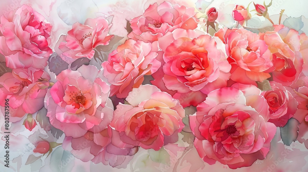 Delicate watercolor of a cluster of garden roses in full bloom, soft petals in shades of pink and red enhancing a sense of hope and renewal