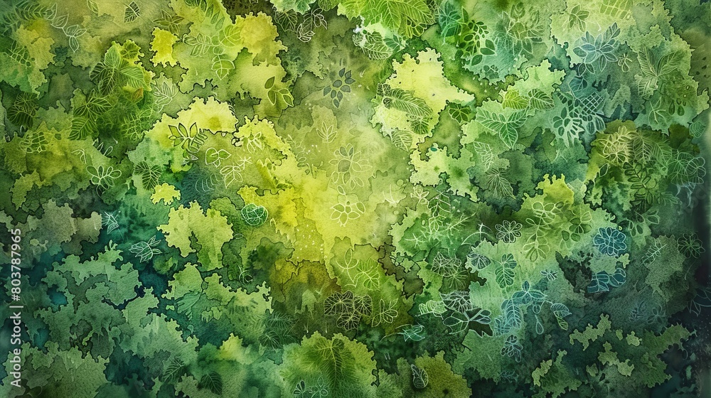 Detailed watercolor of a forest bird's eye view, the rich tapestry of greens showcasing the variety and depth of the forest