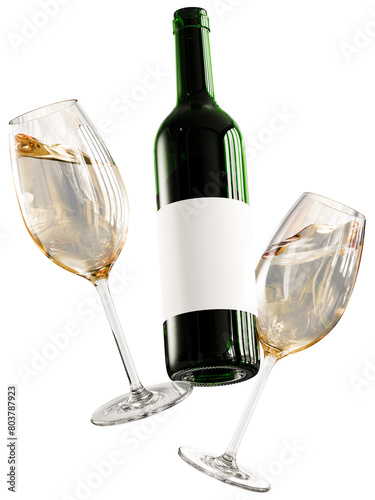 3D White Wine Glasses and Bottle Floating, Celebration Concept