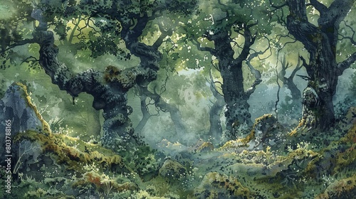 Detailed watercolor of an ancient forest in the early morning, the aged trees and soft greens conveying a timeless tranquility