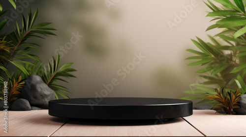A black round table with a green background