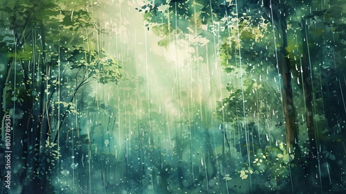 Dynamic watercolor of a forest during rainfall, raindrops creating ripples on a small woodland pond, the sound and sight fostering relaxation © Alpha