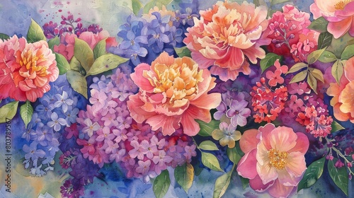 Wallpaper Mural Dynamic watercolor of a mixed floral arrangement, featuring peonies, lilacs, and hydrangeas, the variety symbolizing diversity and beauty Torontodigital.ca
