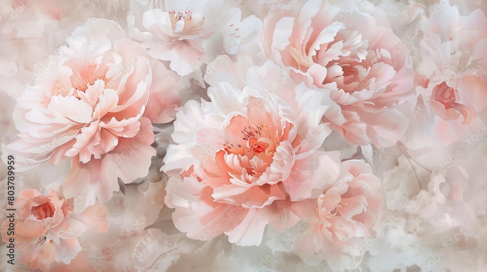 Elegant watercolor of peonies in soft blush tones, their lush, full blooms conveying luxury and renewal in a soothing manner