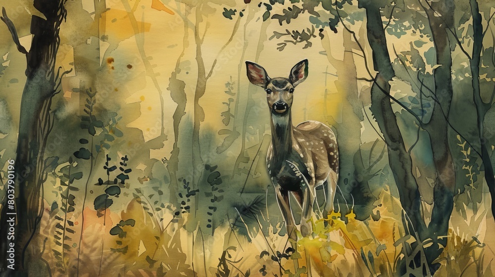 Gentle watercolor illustration of a woodland scene with a deer peering ...