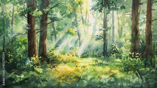 Gentle watercolor of a secluded forest glade  sunbeams piercing through the canopy to illuminate the vibrant undergrowth