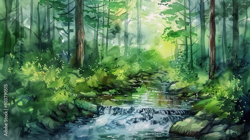 Lush watercolor illustration of a woodland creek  vibrant greens and the gentle flow of water offering a sense of renewal and calm